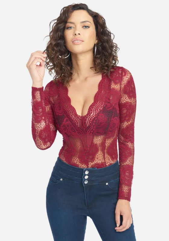 Long Sleeve Lace Bodysuit sold by Bebe