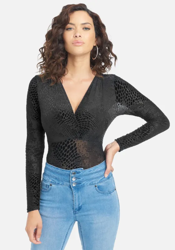 Snakeskin Plunge Bodysuit sold by Bebe