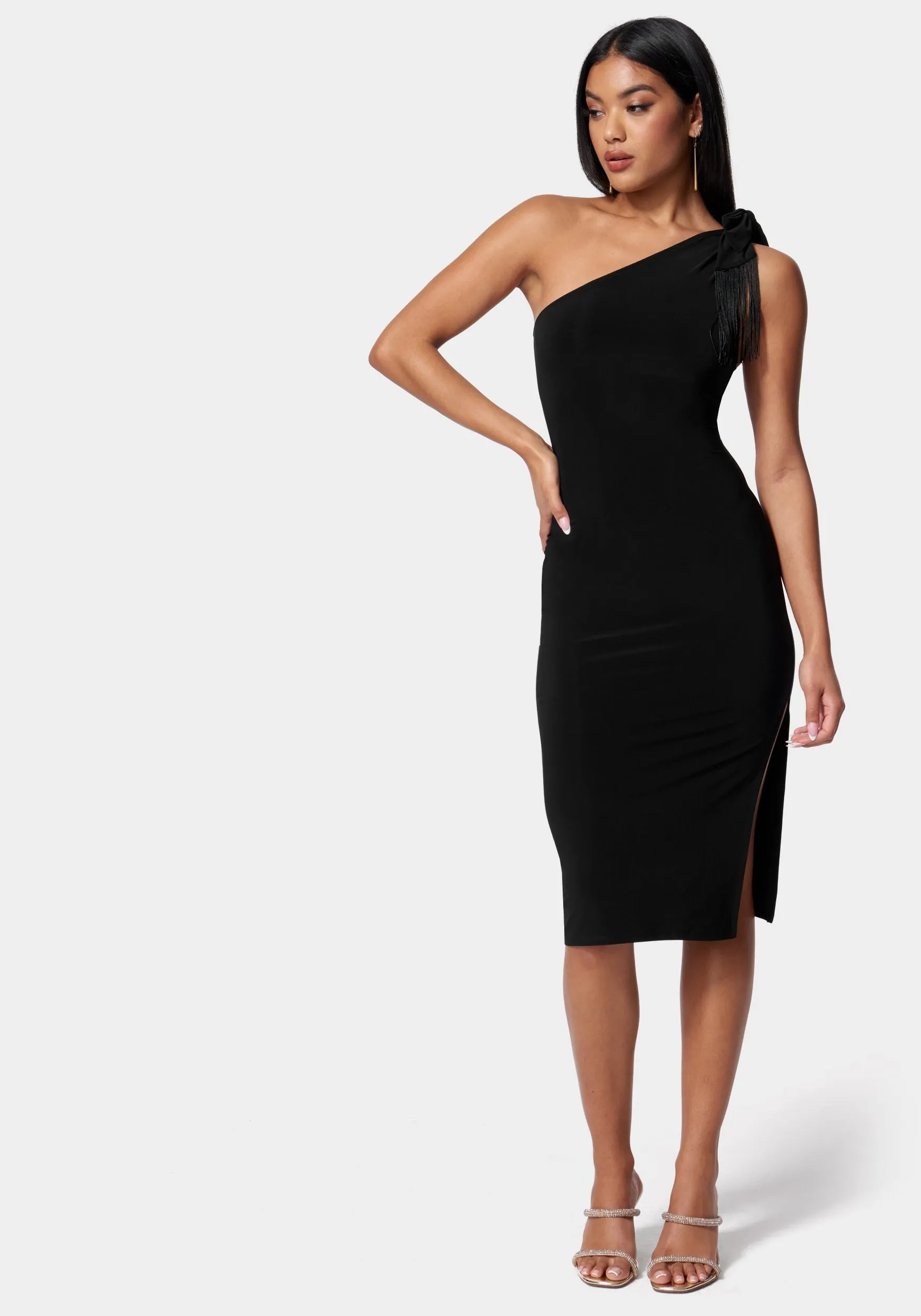 One Shoulder Fringe Bodycon Dress sold by Bebe