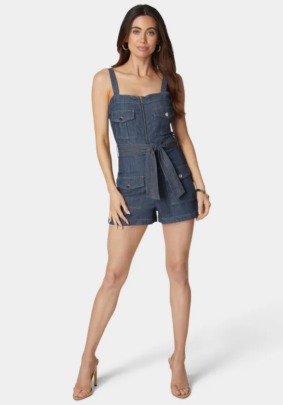 Zip Front Belted Cargo Denim Romper sold by Bebe