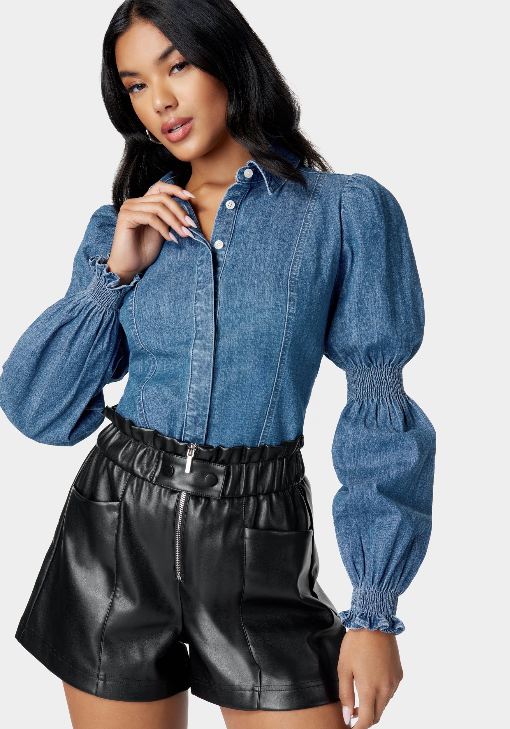 Long Sleeve Smocking Detail Denim Blouse sold by Bebe product image thumbnail 2