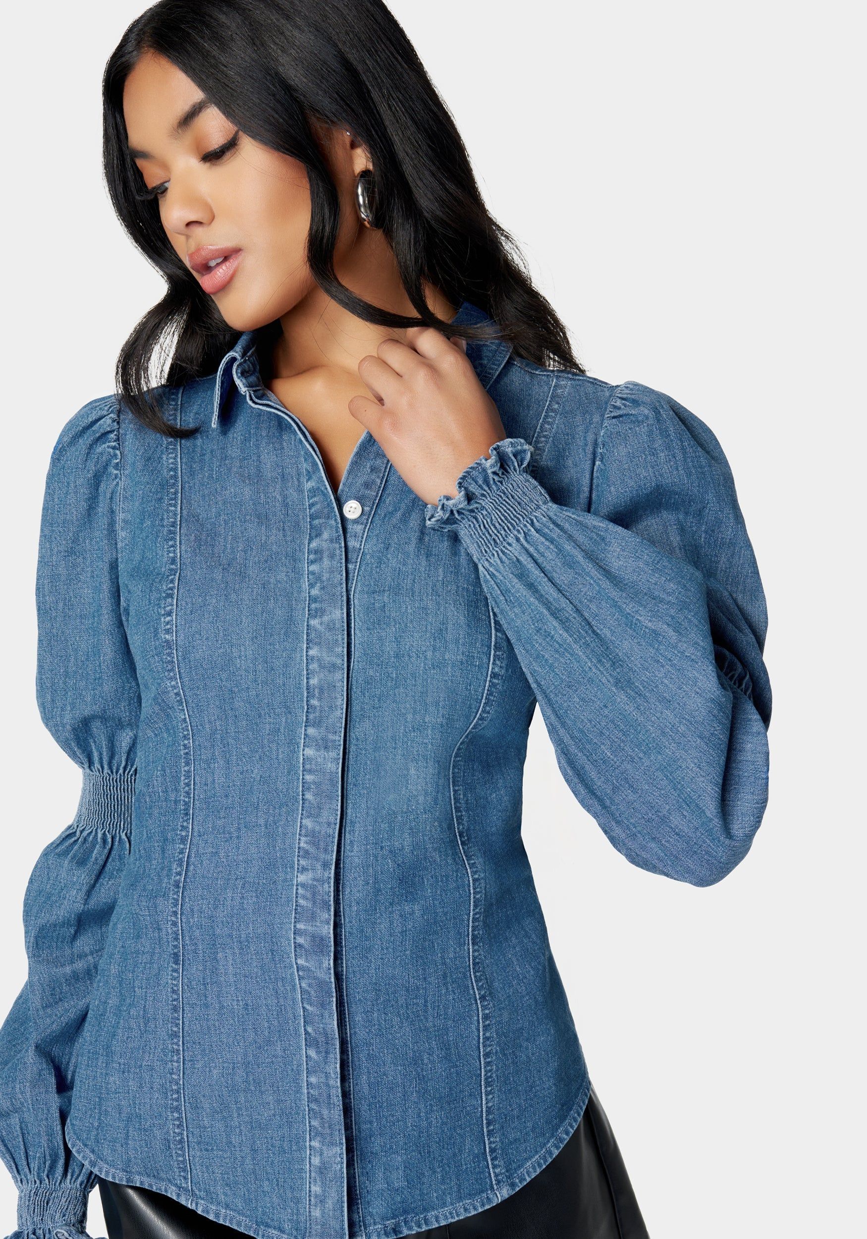 Long Sleeve Smocking Detail Denim Blouse sold by Bebe product image thumbnail 5