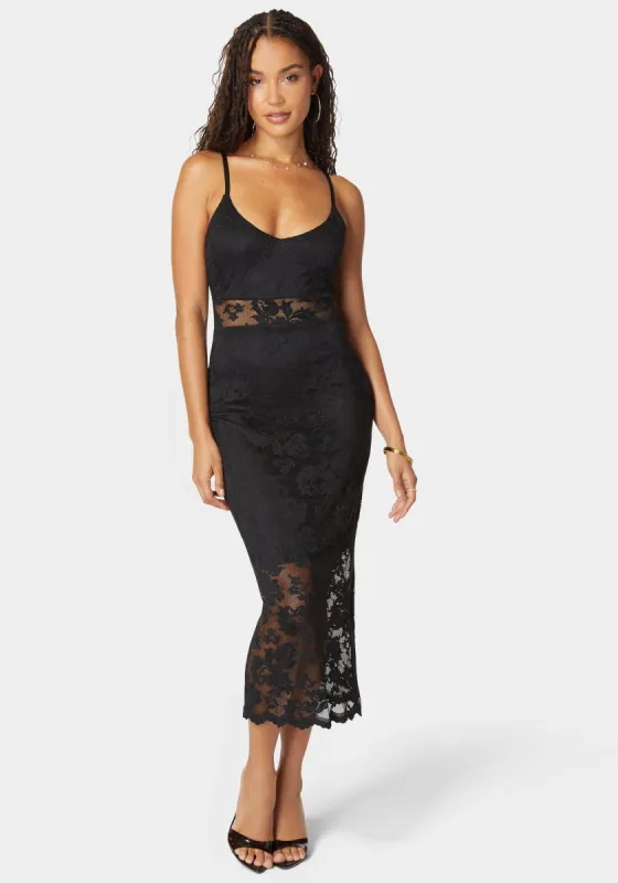 Marseille Lace V Neck Illusion Midi Dress sold by Bebe