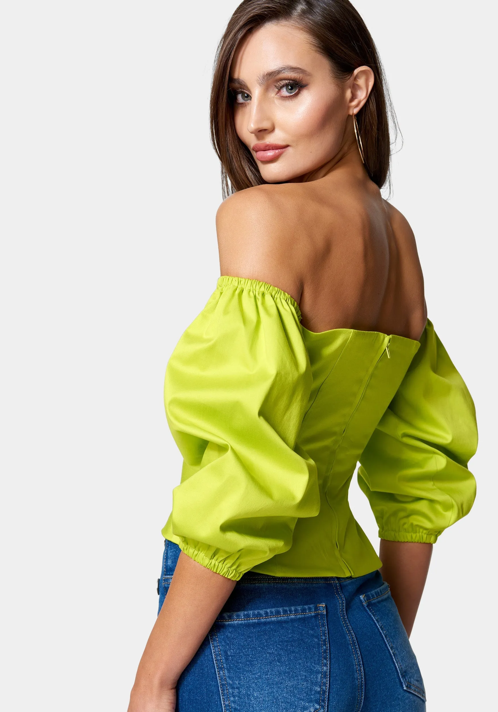 Poplin Bubble Sleeve Off Shoulder Draped Top sold by Bebe product image thumbnail 3