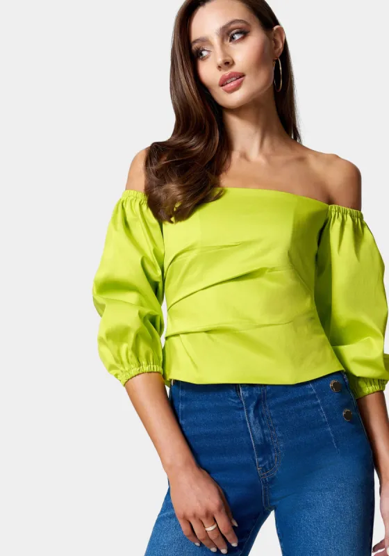 Poplin Bubble Sleeve Off Shoulder Draped Top sold by Bebe