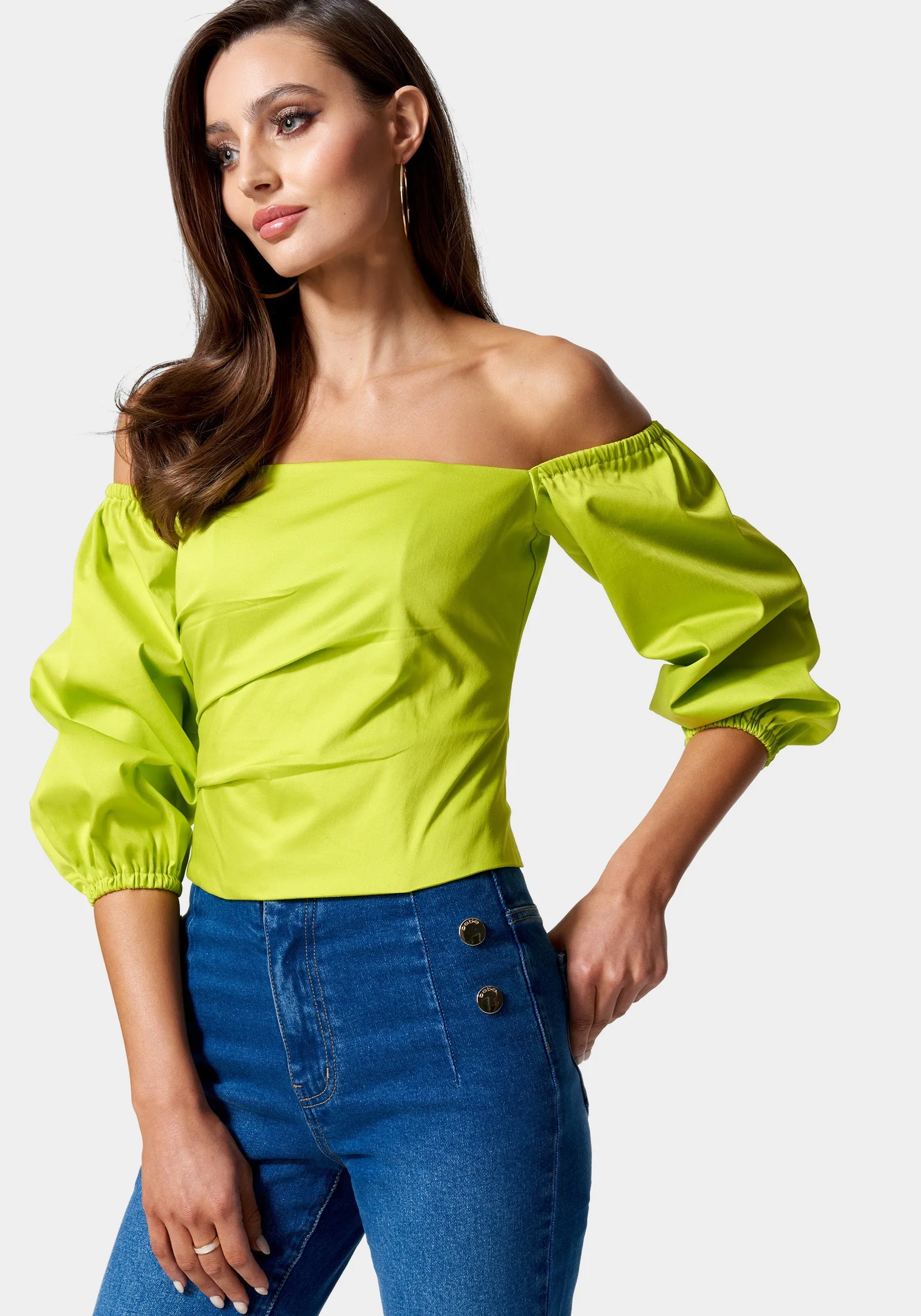 Poplin Bubble Sleeve Off Shoulder Draped Top sold by Bebe product image thumbnail 2