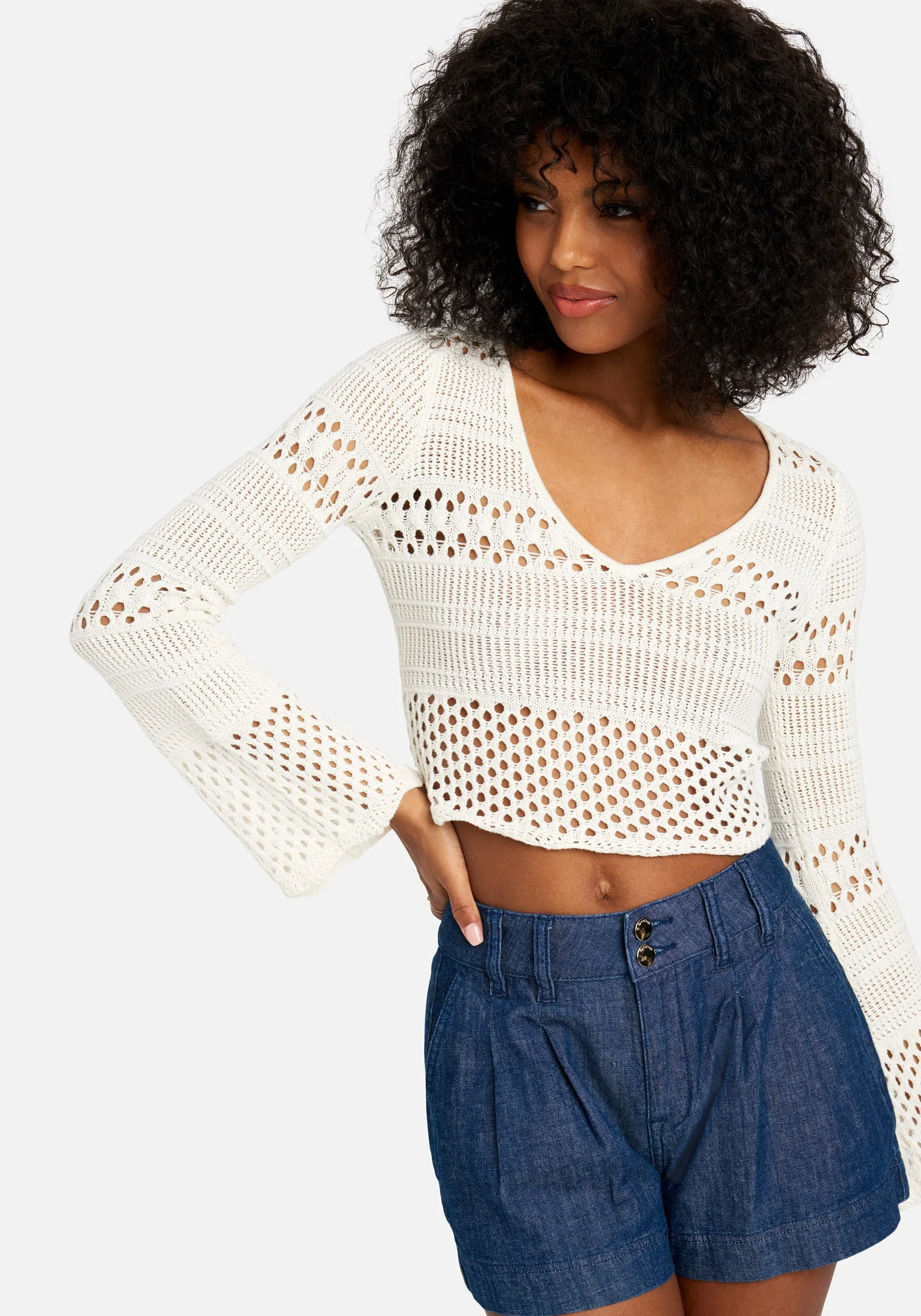 Bell Sleeve Scallop Hem Crochet Top sold by Bebe