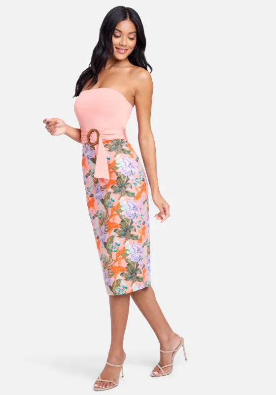 Belted Strapless Printed Midi sold by Bebe