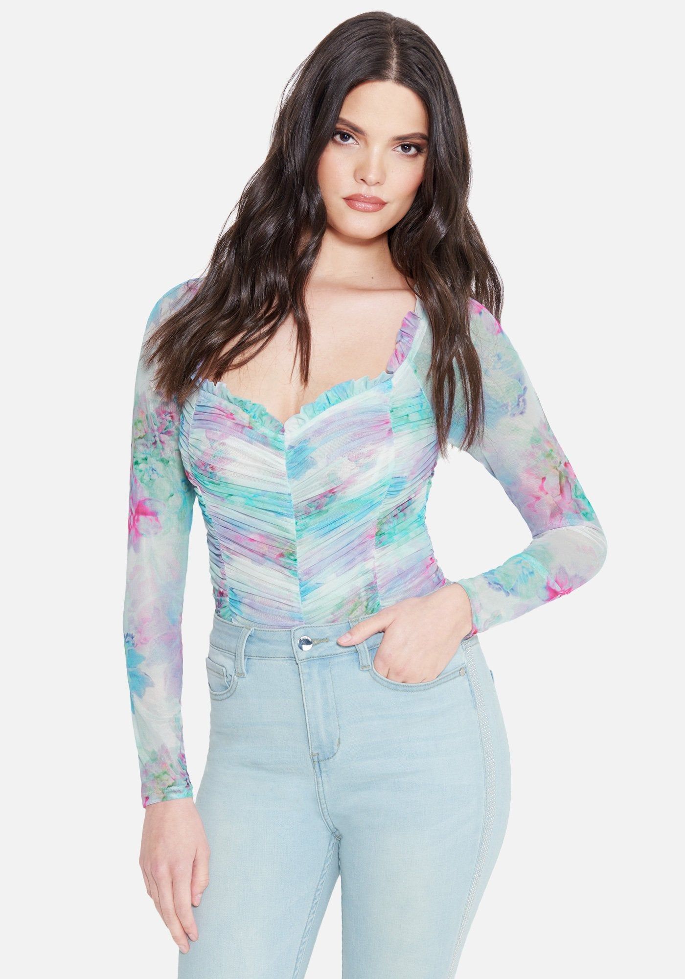 Printed Ruched Mesh Bodysuit sold by Bebe
