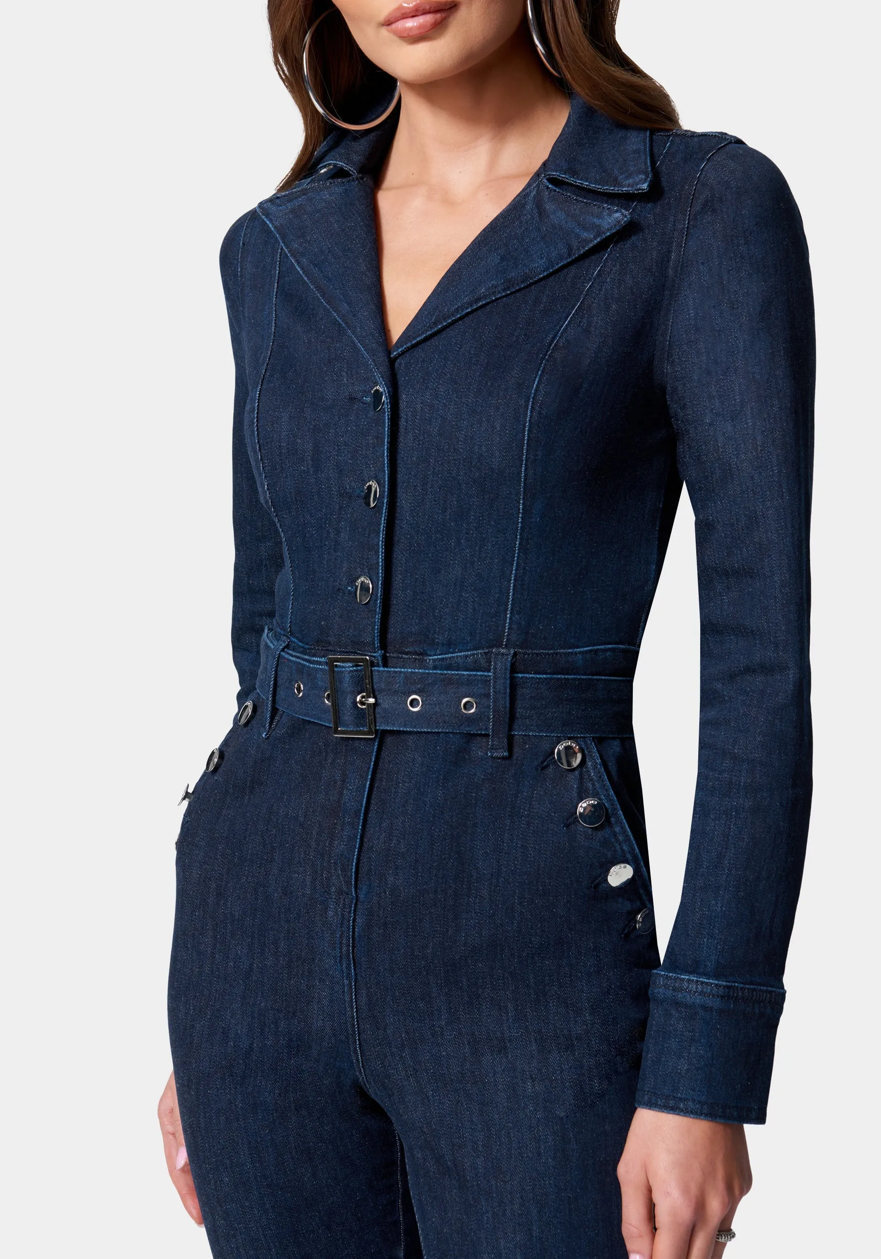 Button Detail Skinny Denim Jumpsuit sold by Bebe product image thumbnail 4