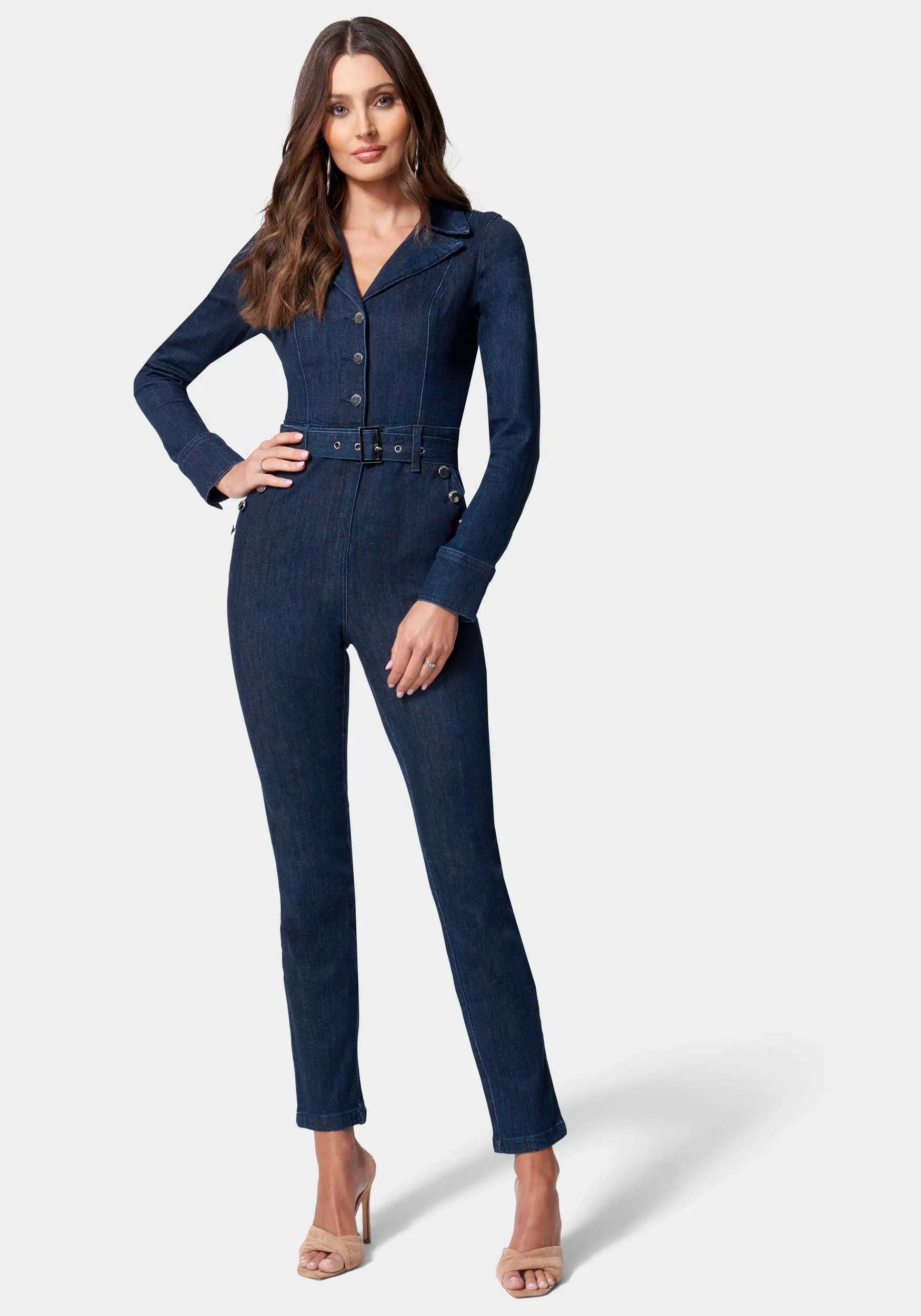 Button Detail Skinny Denim Jumpsuit sold by Bebe