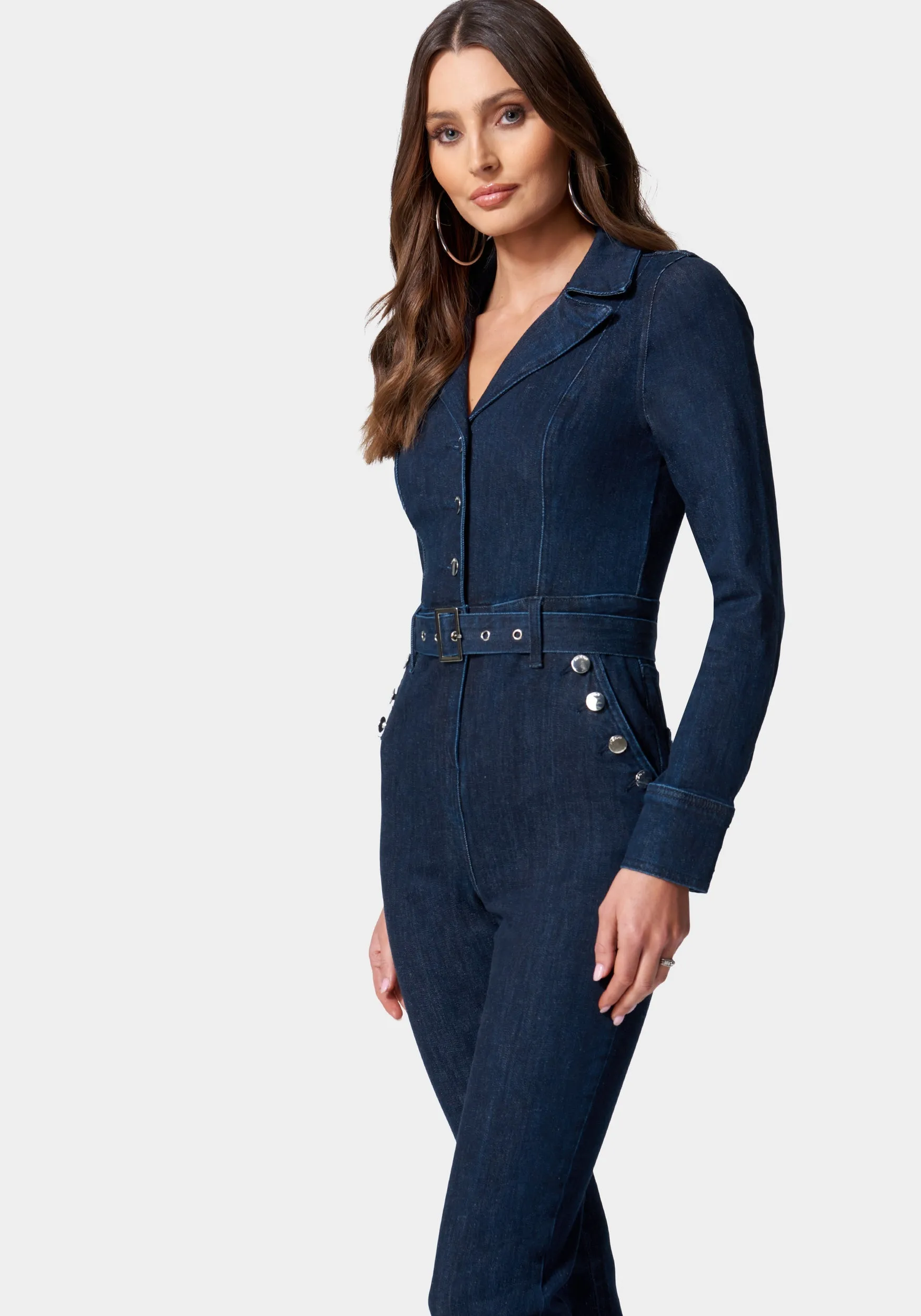 Button Detail Skinny Denim Jumpsuit sold by Bebe product image thumbnail 2
