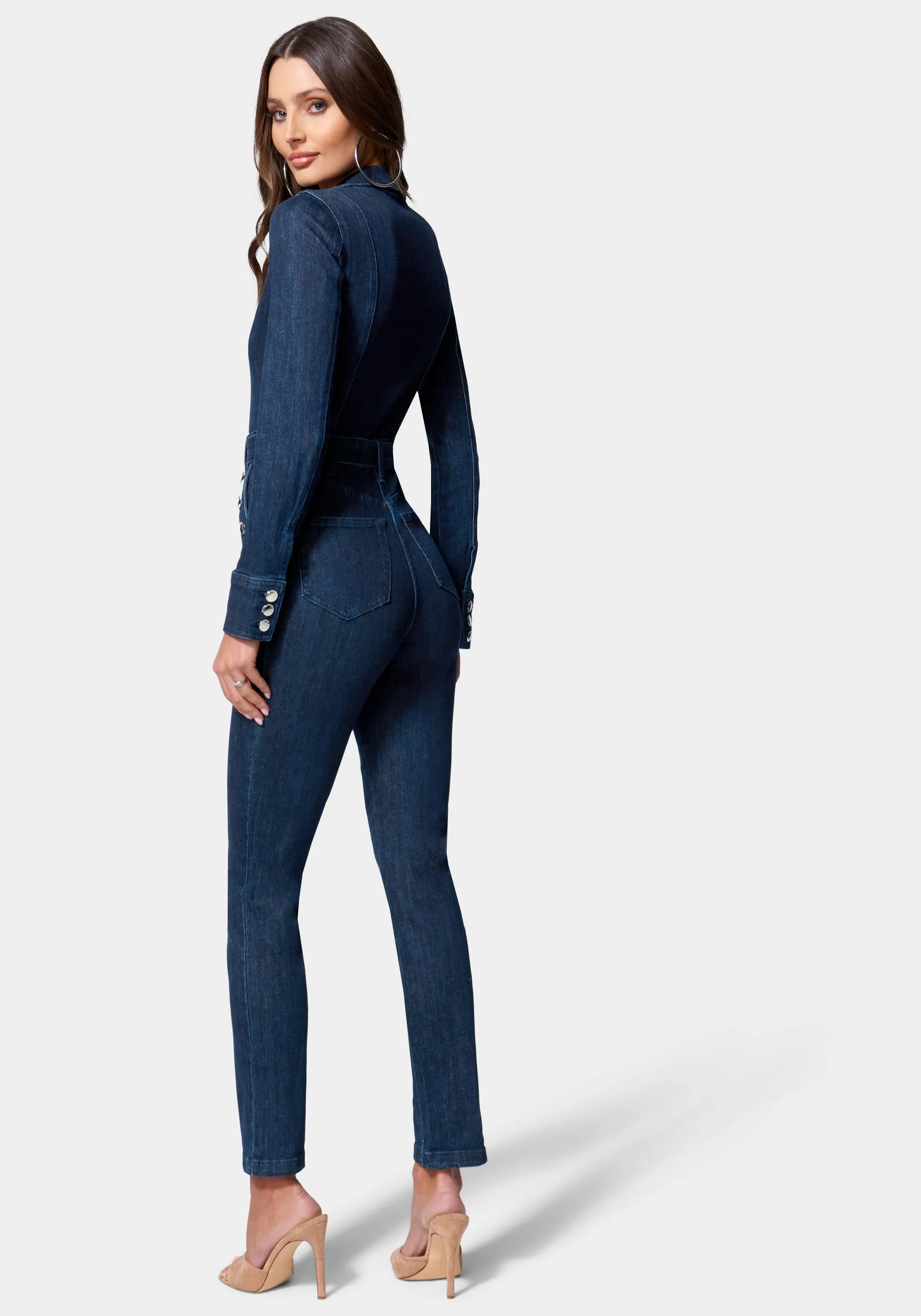 Button Detail Skinny Denim Jumpsuit sold by Bebe product image thumbnail 3