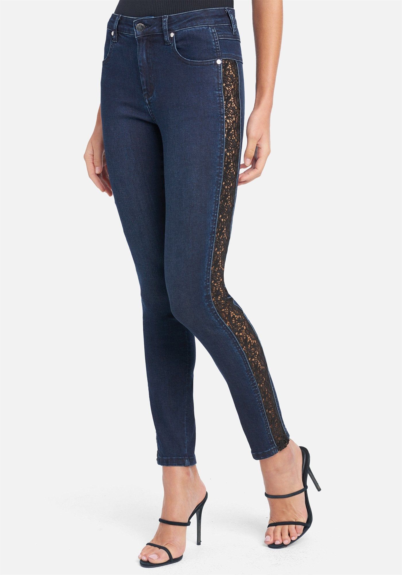 Lace Panel Skinny Jeans sold by Bebe