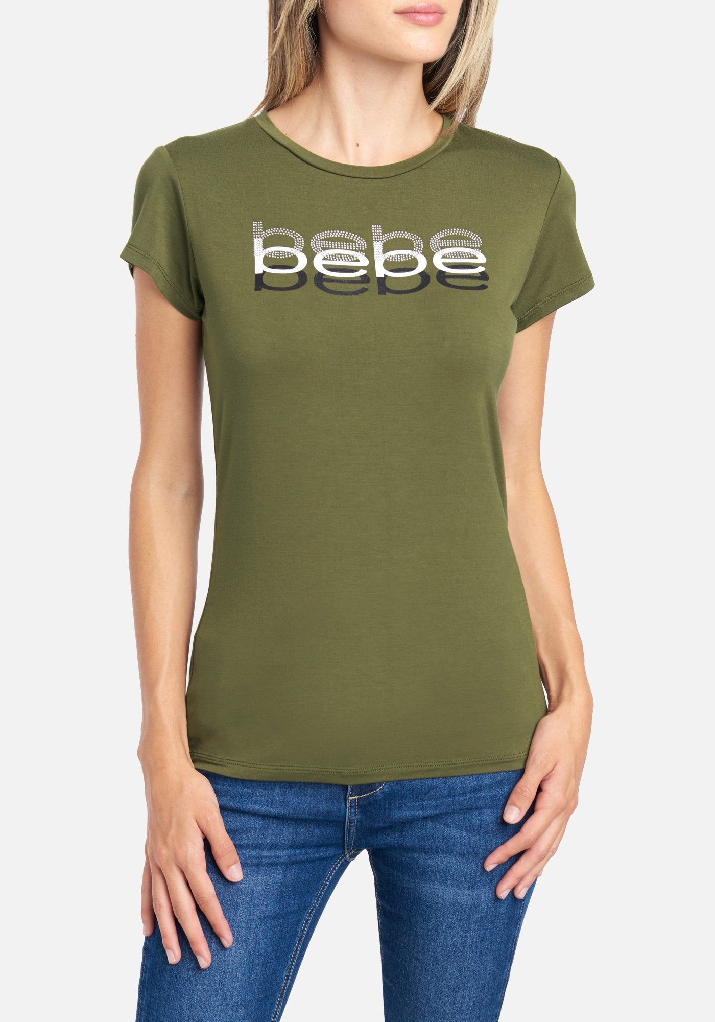 Bebe Logo Rhinstone Glitter Tee sold by Bebe