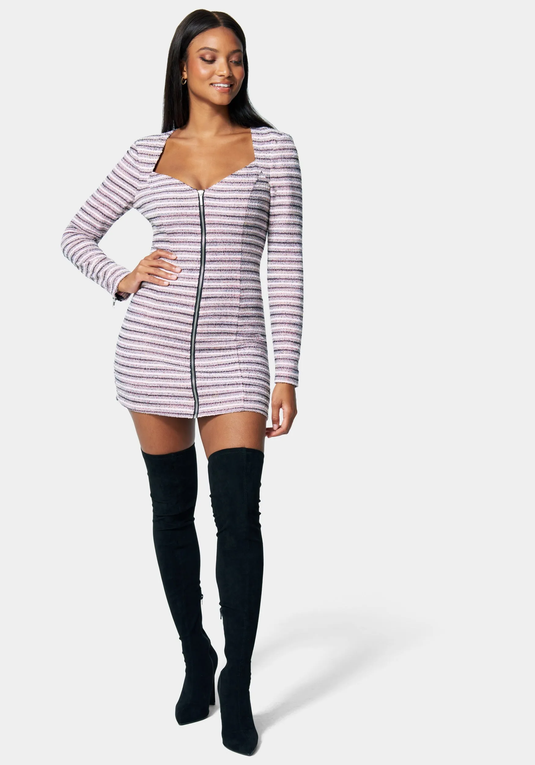 Zip Front Tweed Mini Dress sold by Bebe