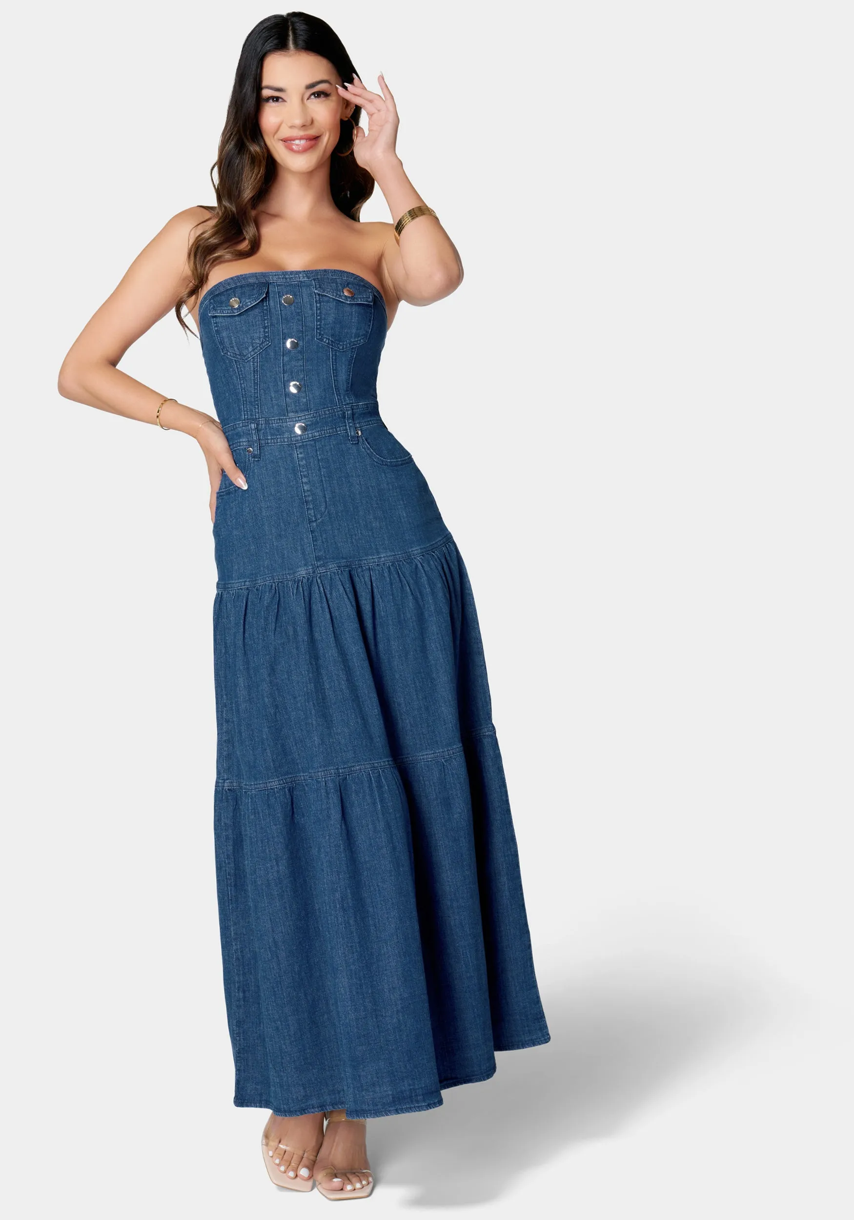 Strapless Tiered Lightweight Denim Dress sold by Bebe