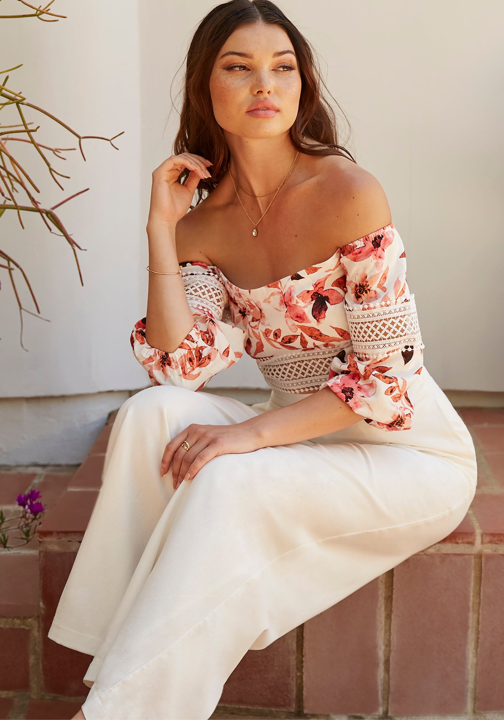 Off Shoulder Crochet Lace Detail Linen Top sold by Bebe