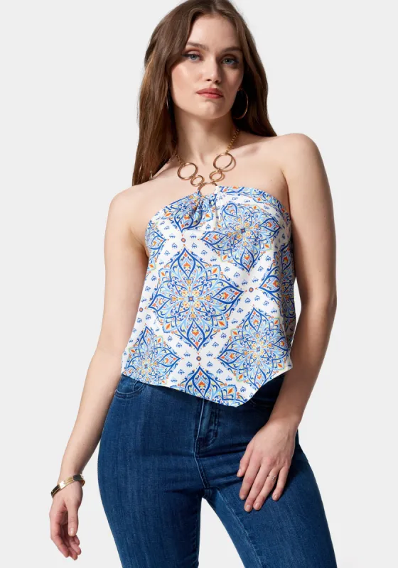Satin Necklace Detail Printed Halter Top sold by Bebe