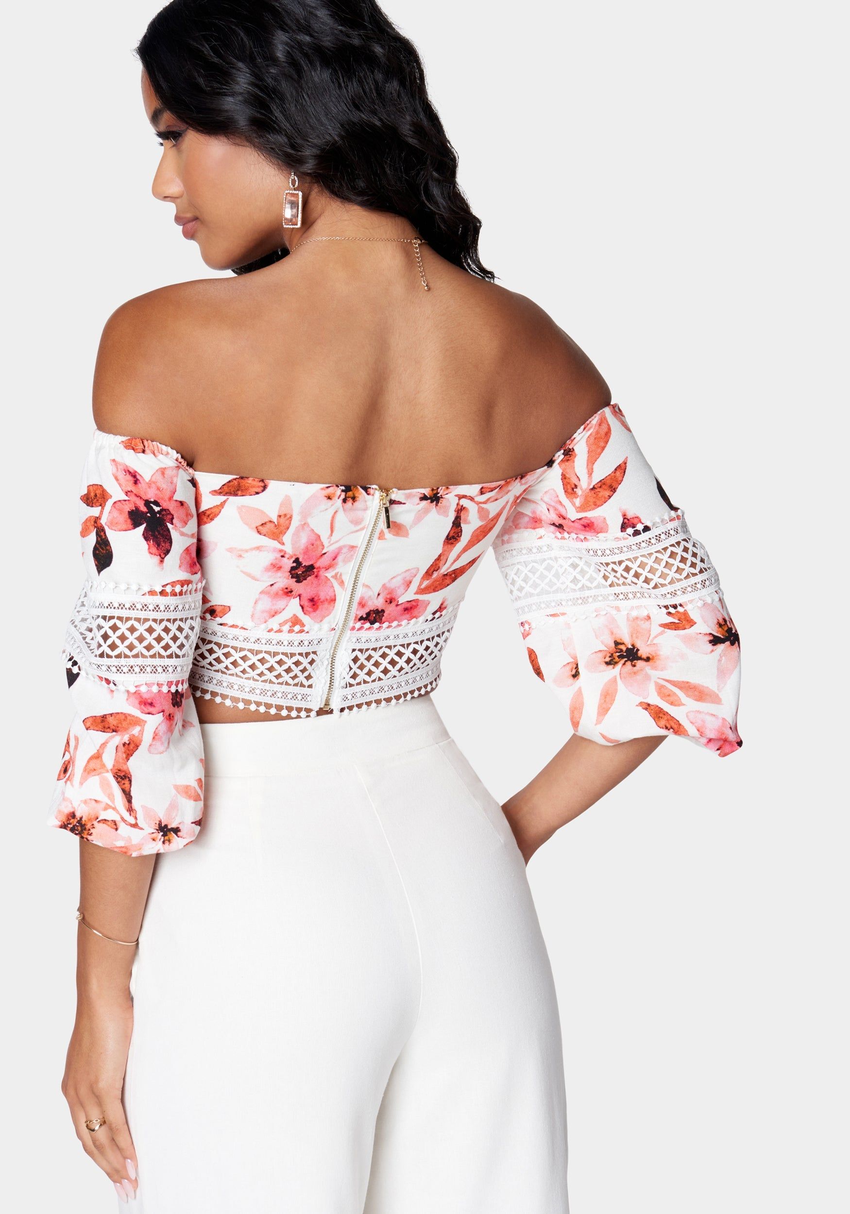 Off Shoulder Crochet Lace Detail Linen Top sold by Bebe product image thumbnail 4