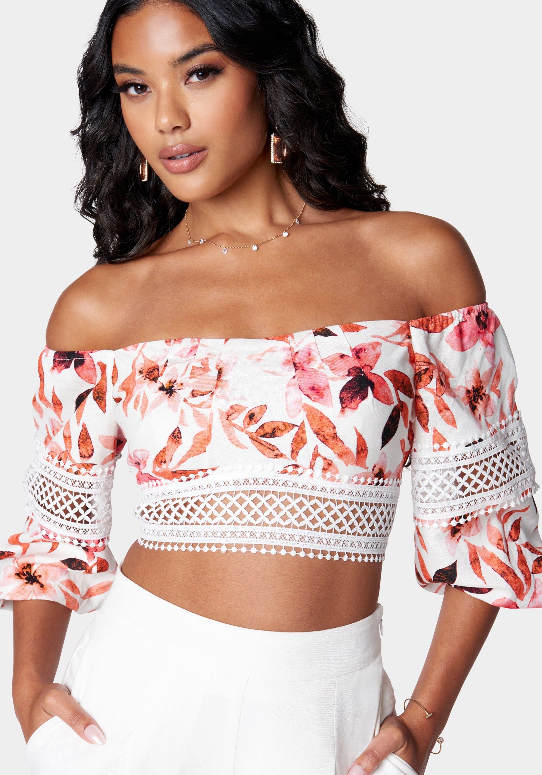 Off Shoulder Crochet Lace Detail Linen Top sold by Bebe product image thumbnail 5