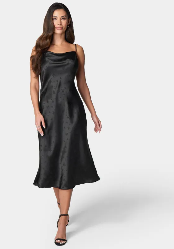 Cowl Neck Midi Satin Jacquard Dress sold by Bebe