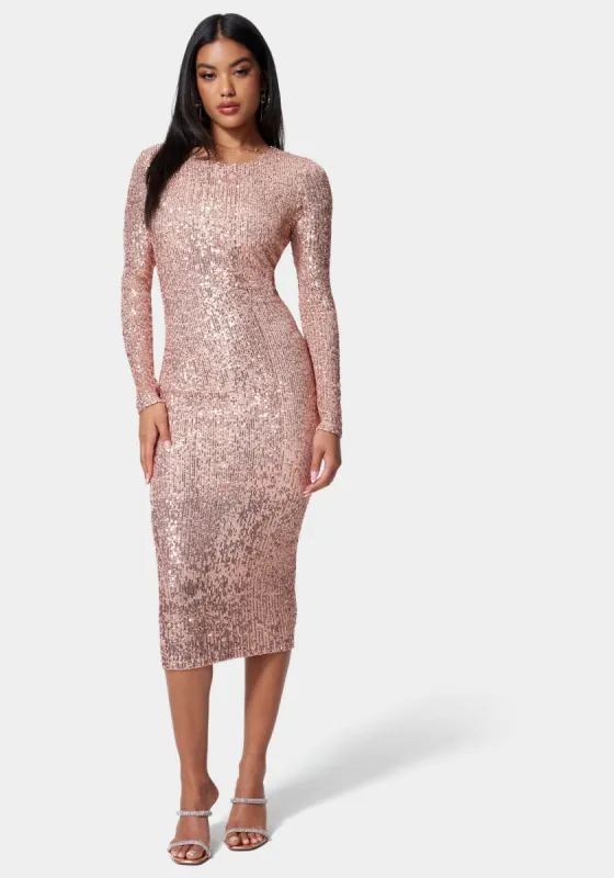 Sequin Cowl Back Midi Dress sold by Bebe