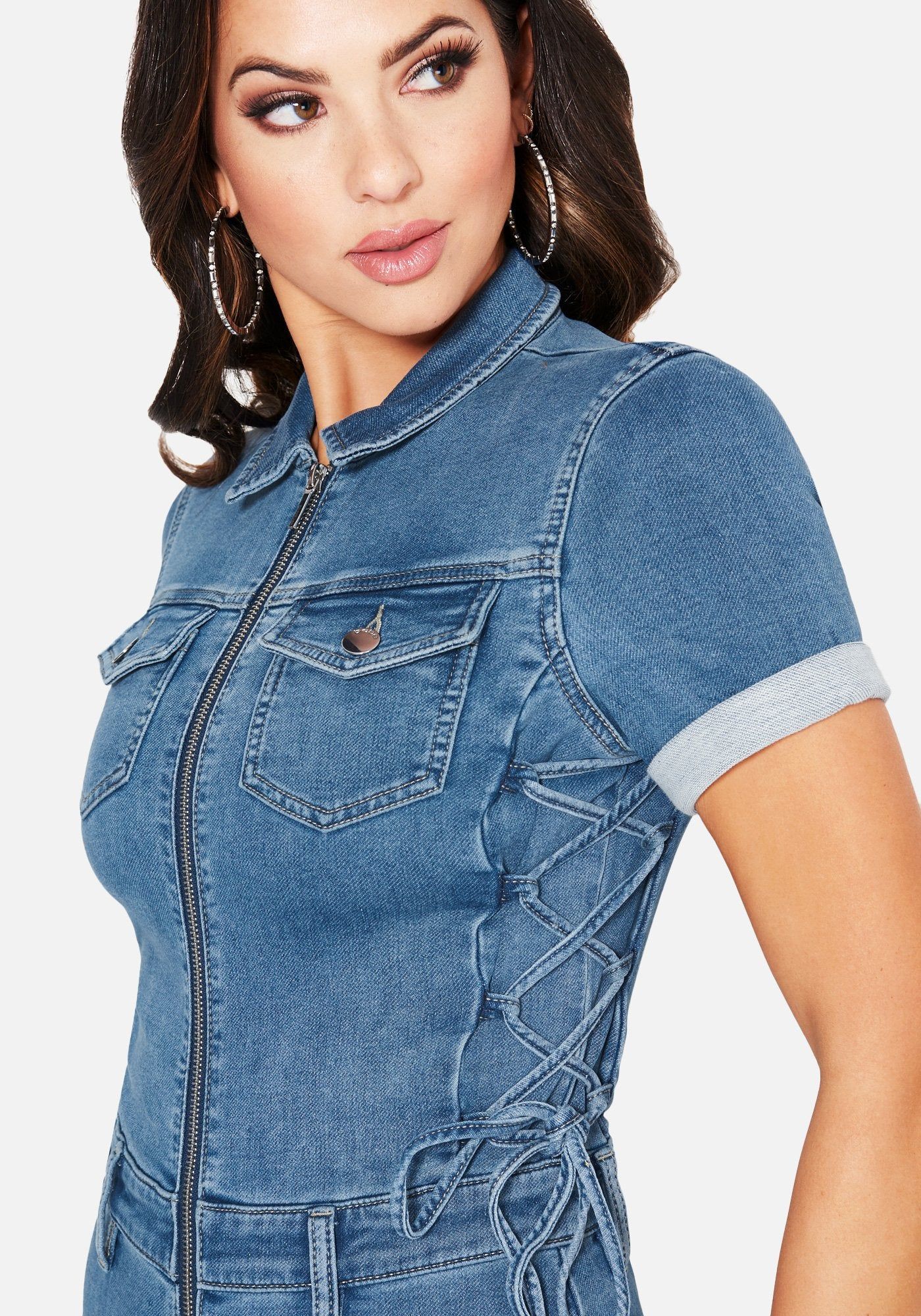 Side Lacing Denim Romper sold by Bebe product image thumbnail 4