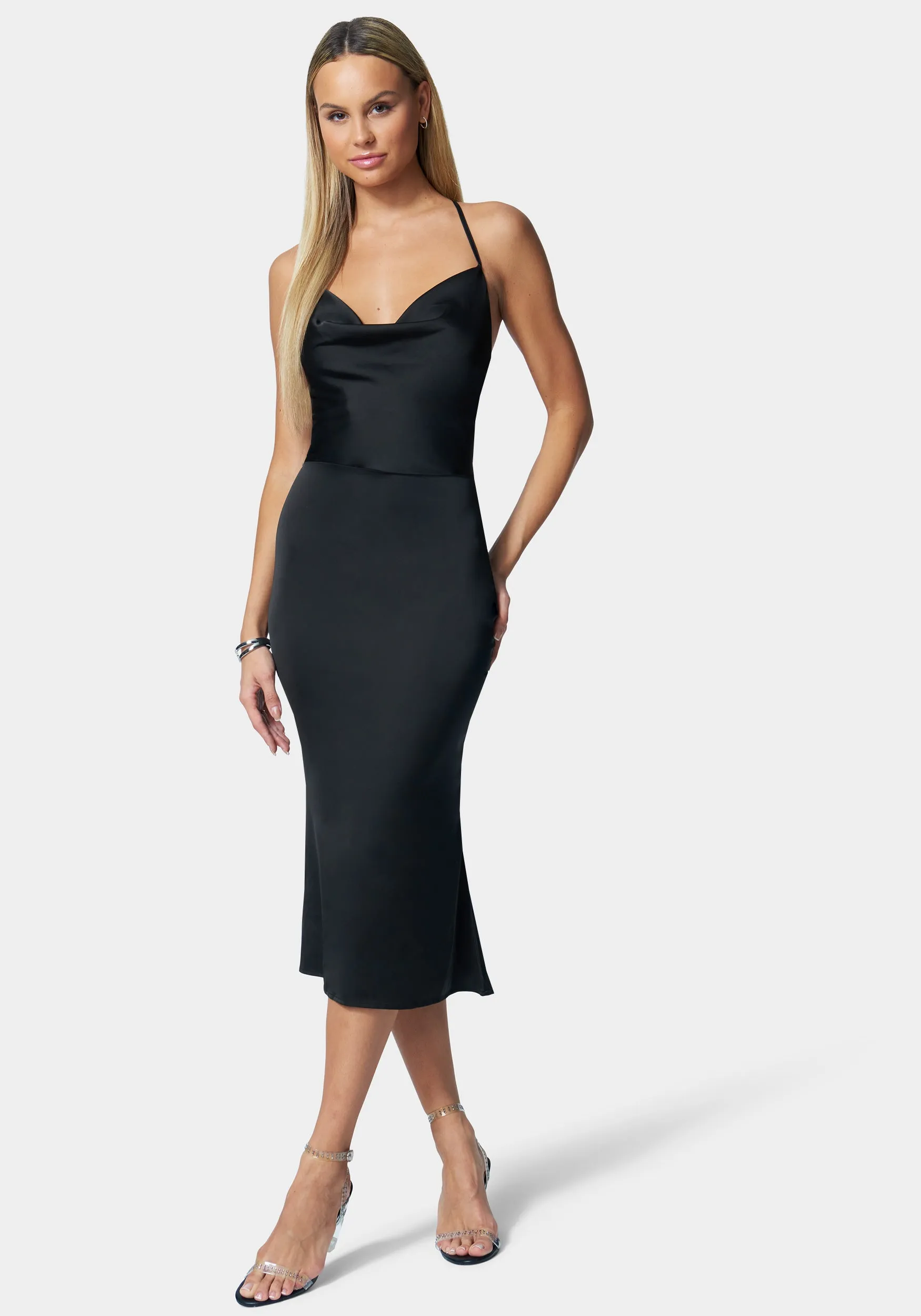 Strappy Satin Midi Dress sold by Bebe