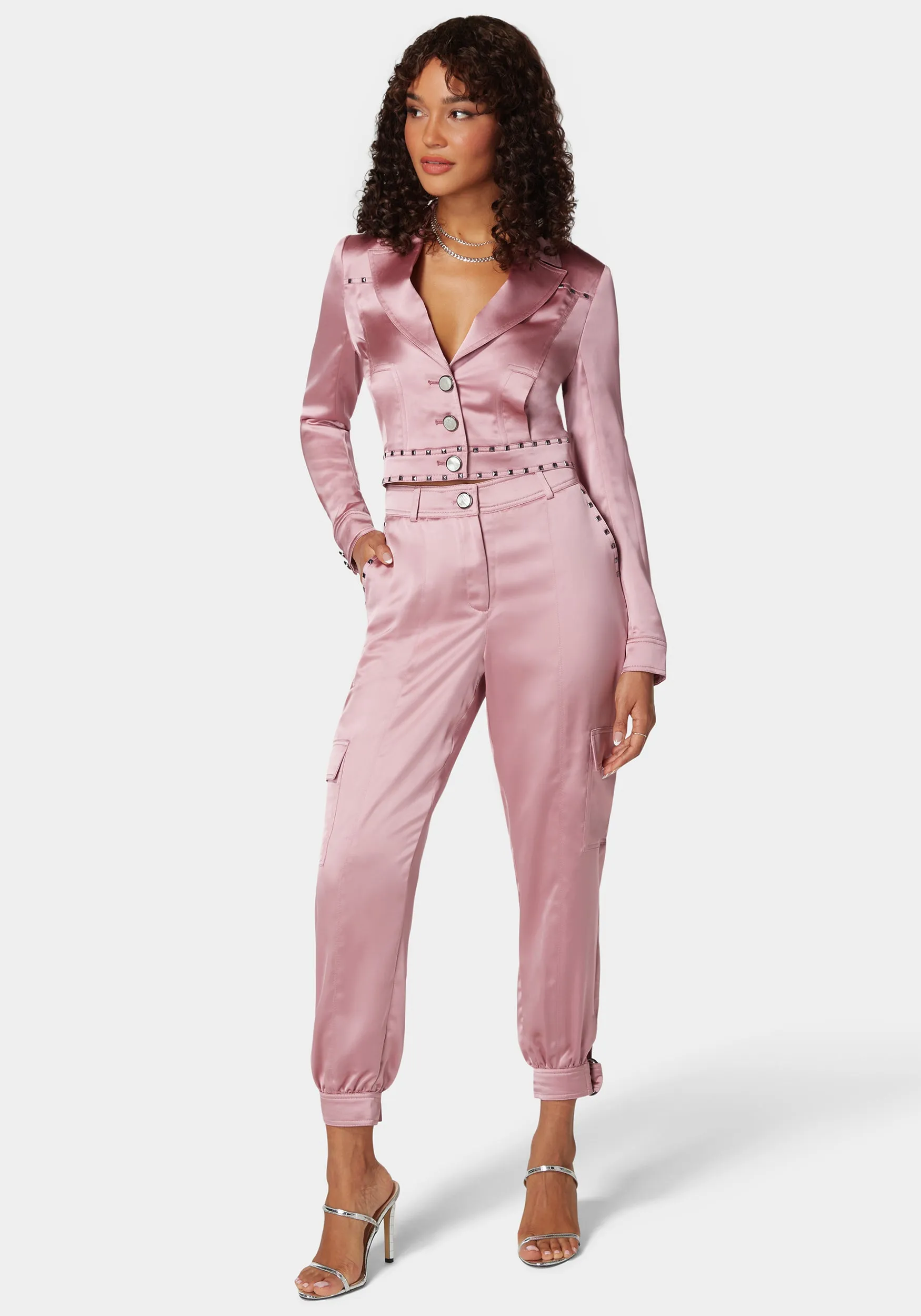 Natural Waist Stud Detail Satin Jogger Pant sold by Bebe