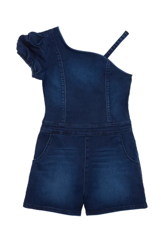 Girls Denim Puff Sleeve Romper sold by Bebe