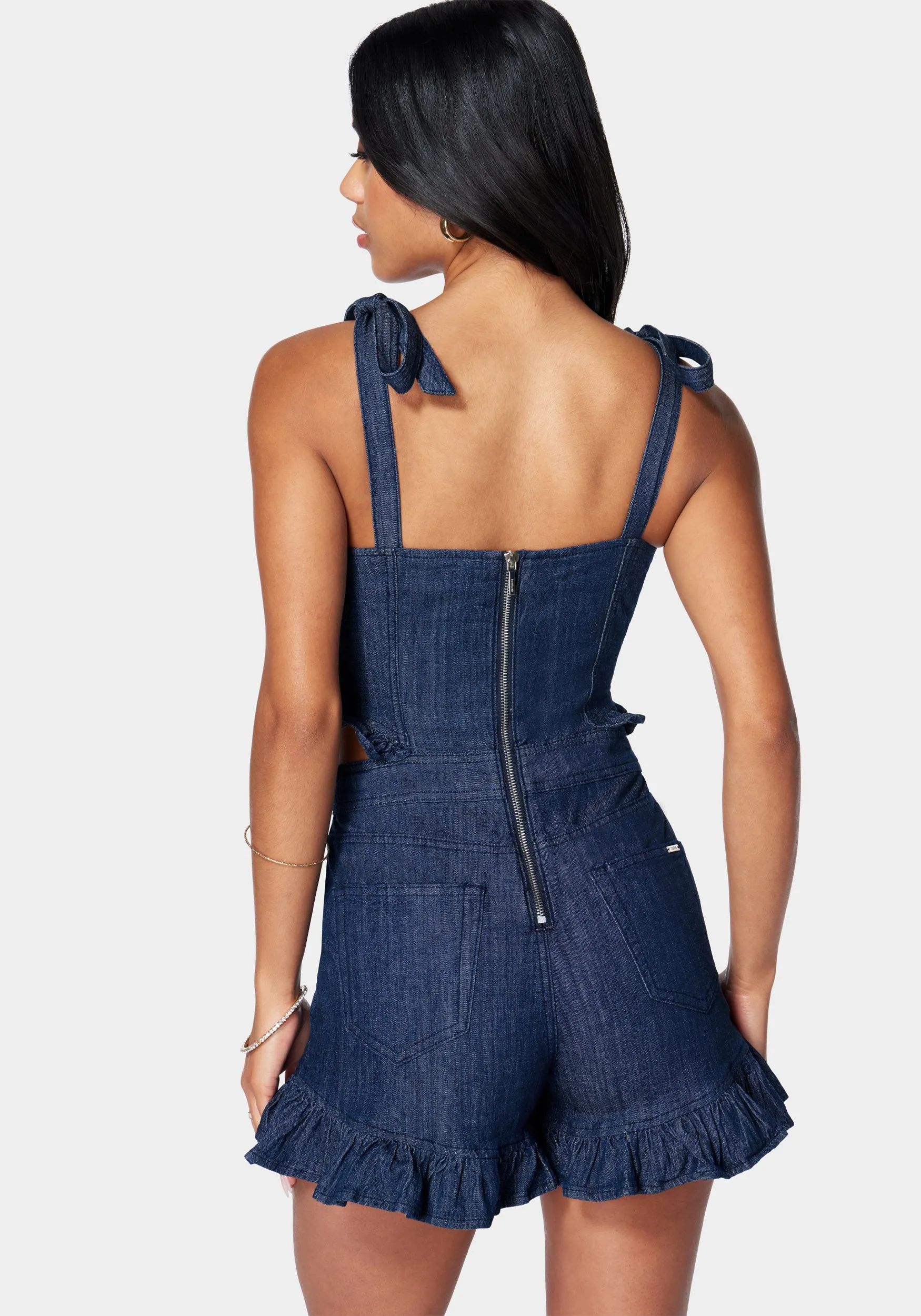 Tie Strap Ruffle Detail Denim Romper sold by Bebe product image thumbnail 4