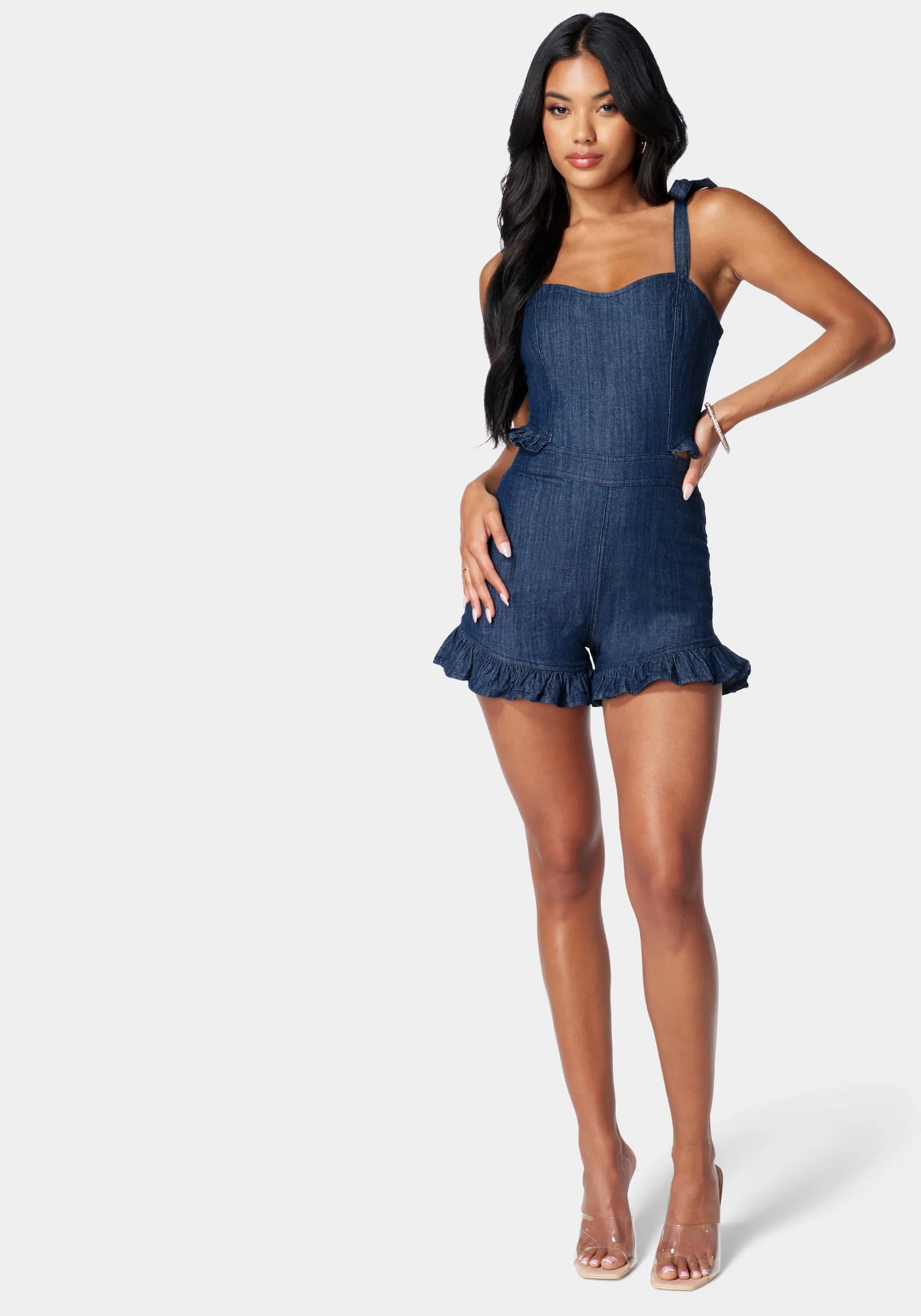 Tie Strap Ruffle Detail Denim Romper sold by Bebe product image thumbnail 2