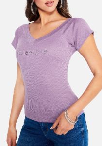 Crystal Logo Double V-Neck Short Sleeve Tee sold by Bebe