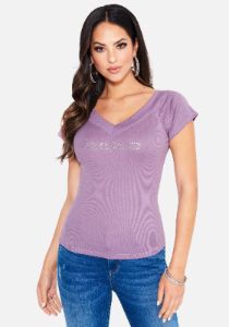 Crystal Logo Double V-Neck Short Sleeve Tee sold by Bebe