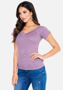 Crystal Logo Double V-Neck Short Sleeve Tee sold by Bebe