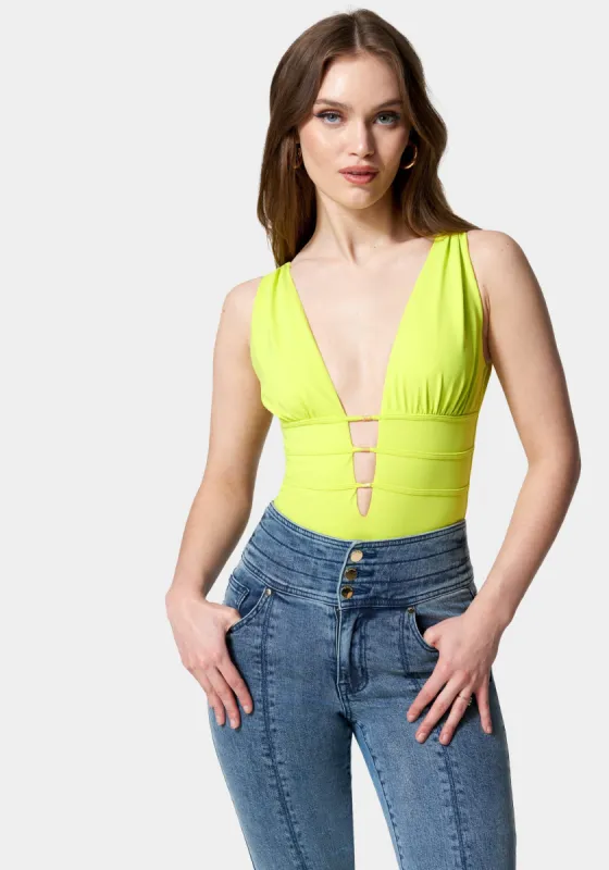 Sleeveless Ruched Deep V Knit Bodysuit sold by Bebe