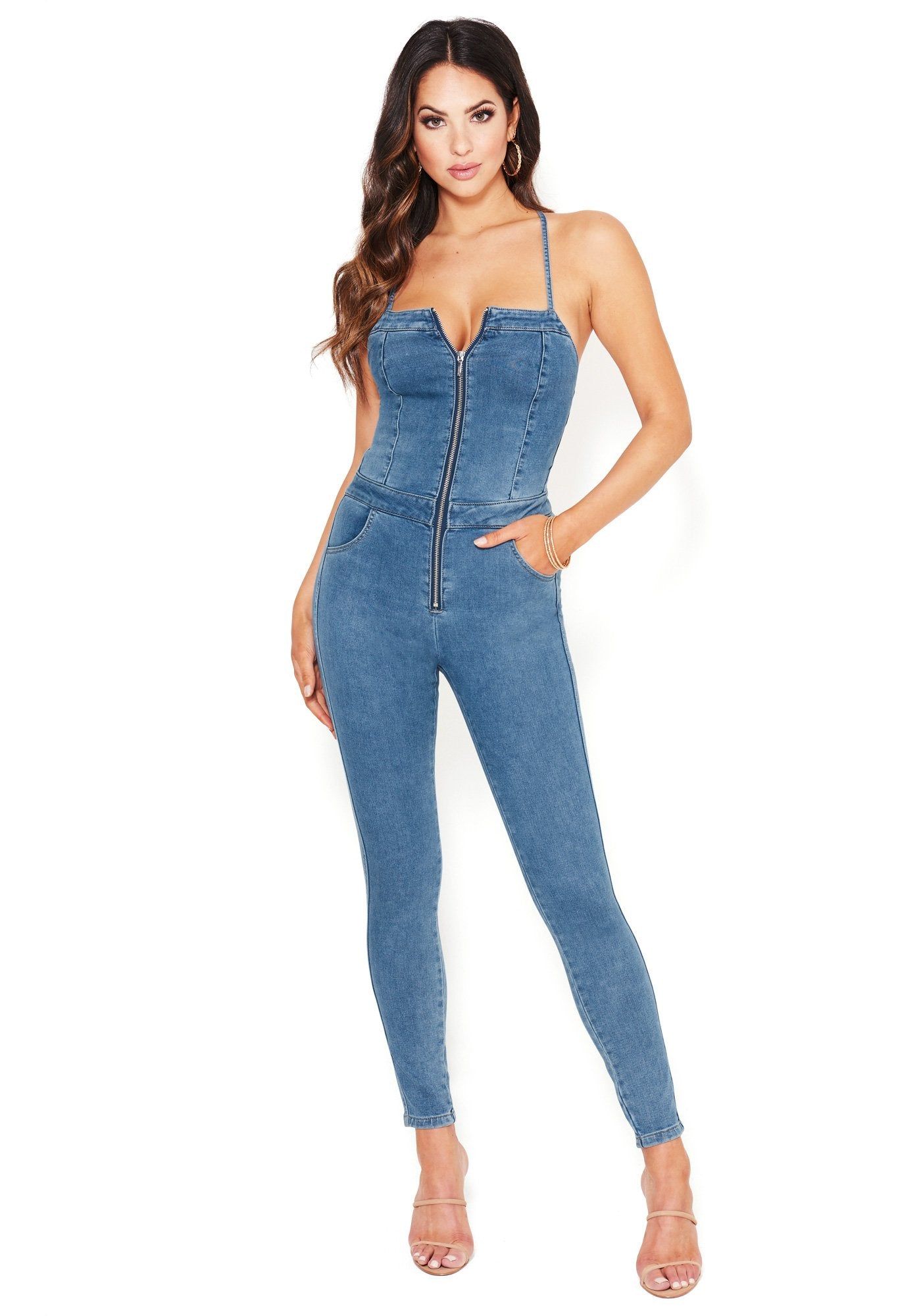 Lace Up Back Denim Catsuit sold by Bebe
