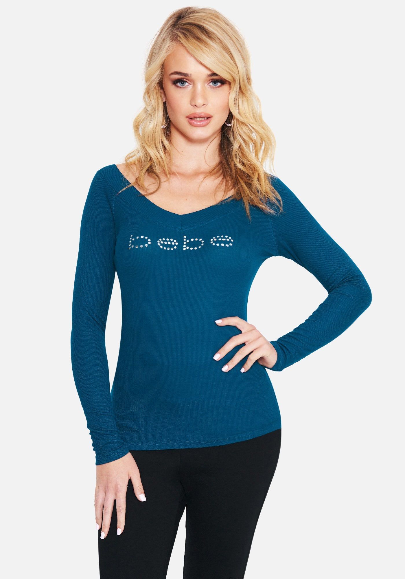 Logo Long Sleeve Double V Tee sold by Bebe