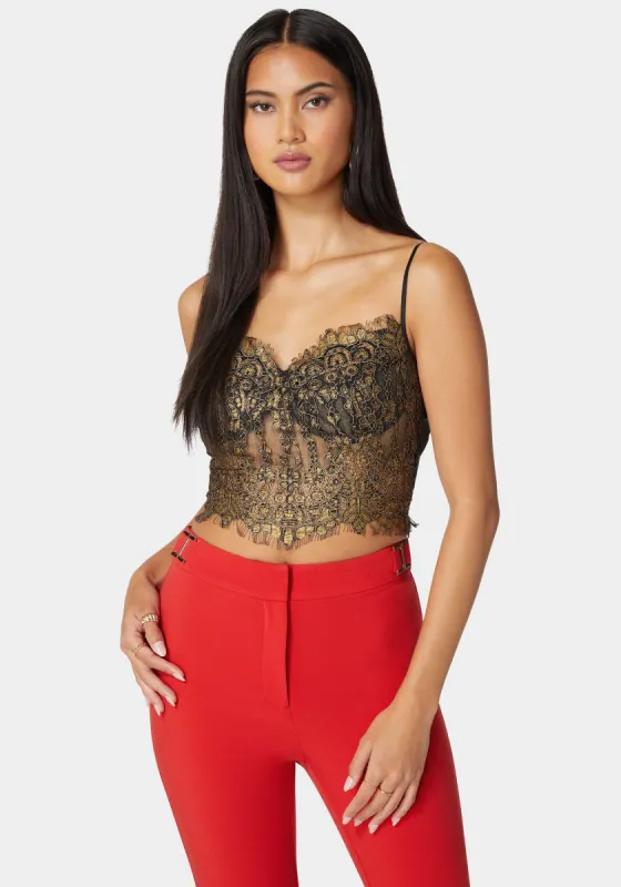 Metallic Foiled Scallop Edge Lace Corset sold by Bebe