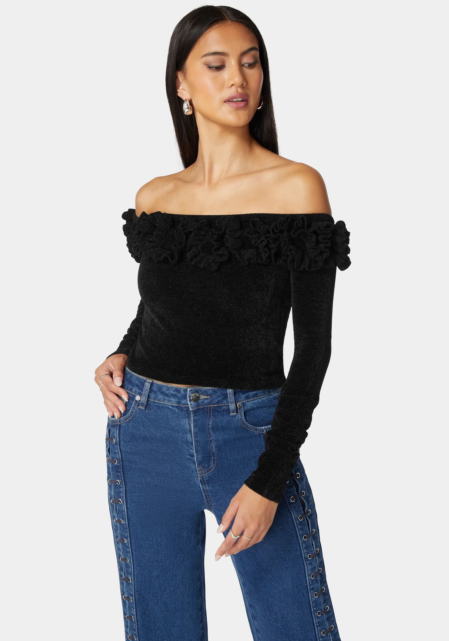 Off Shoulder Ruffle Detail Sweater sold by Bebe