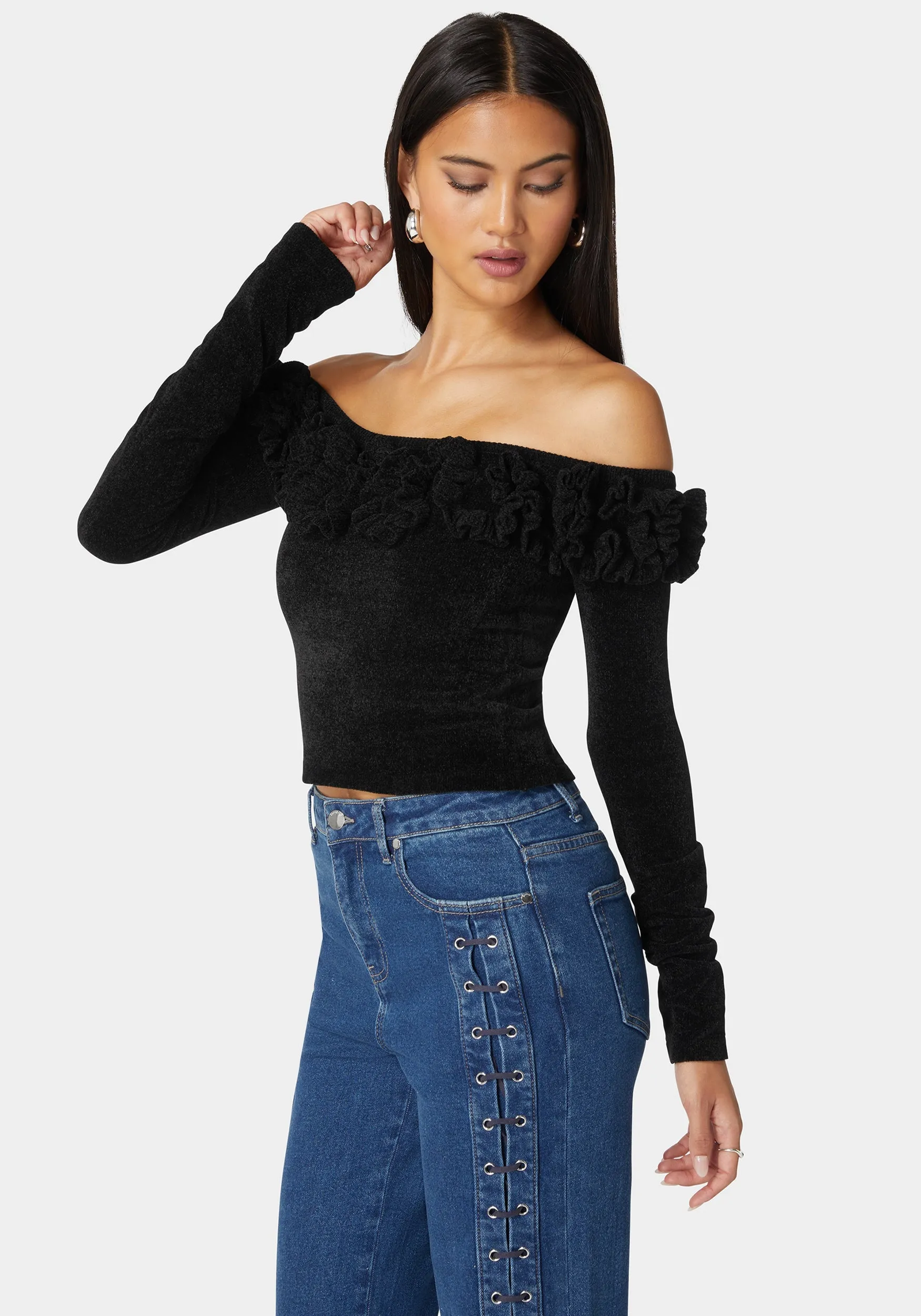 Off Shoulder Ruffle Detail Sweater sold by Bebe product image thumbnail 2