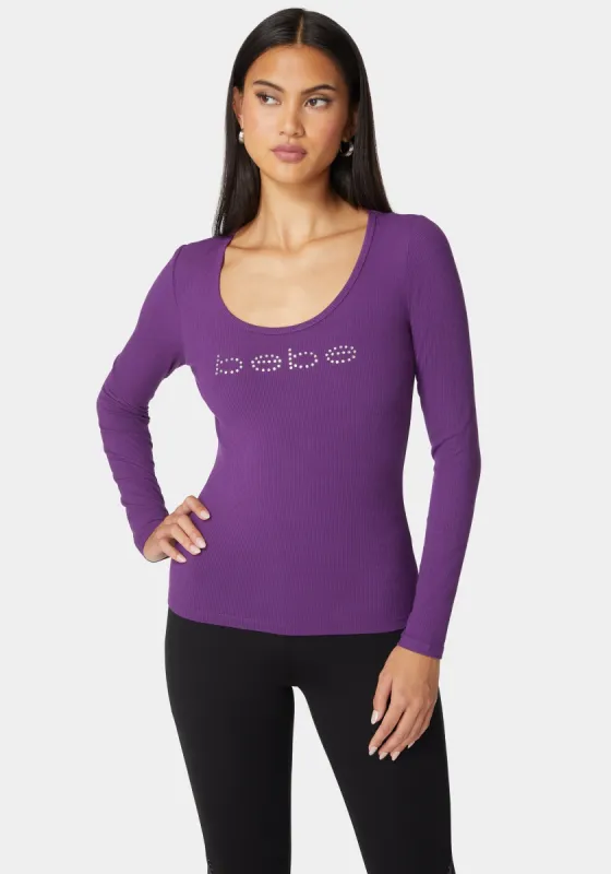 Bebe Logo Long Sleeve Scoop Neck Single Stone Rib Top sold by Bebe