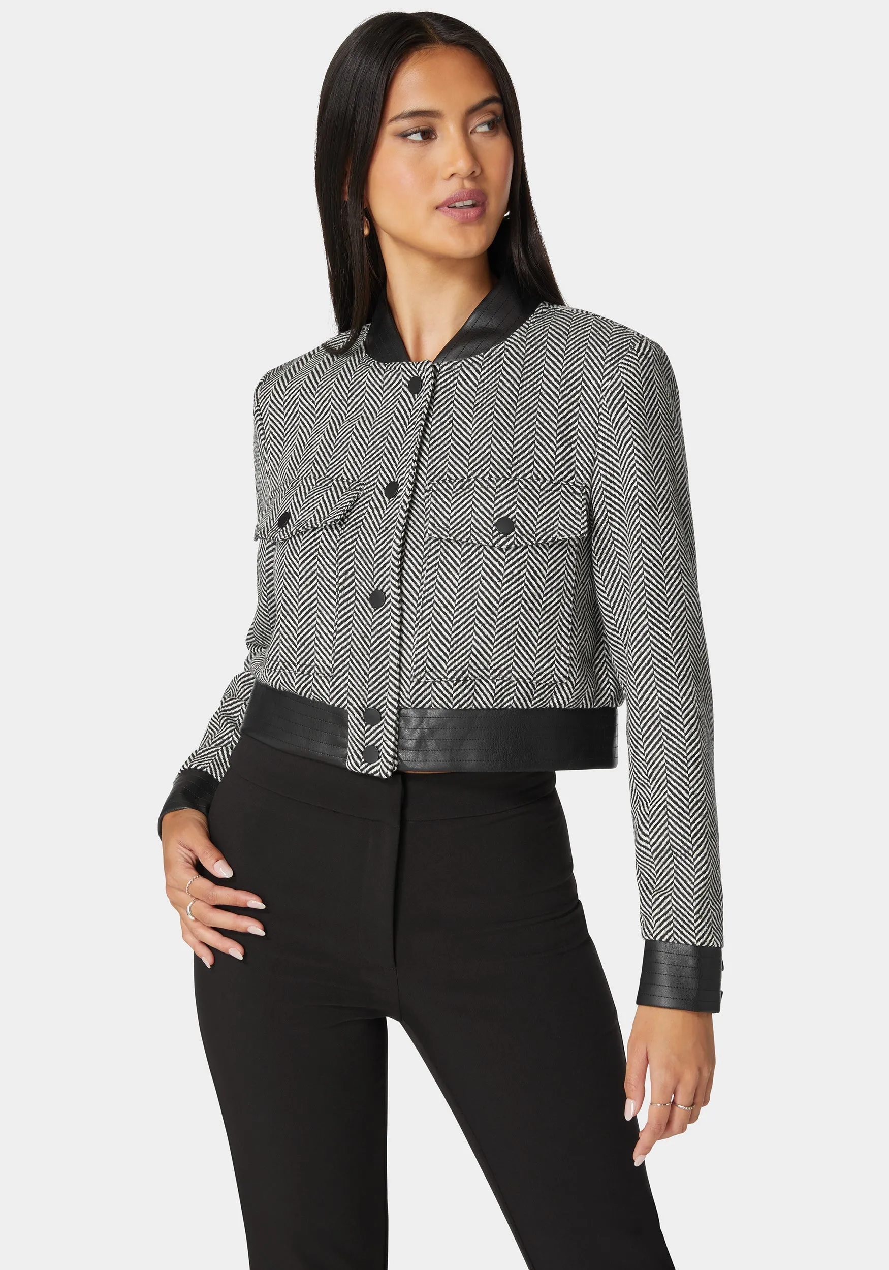 Vegan Leather Detail Novelty Chevron Jacket sold by Bebe