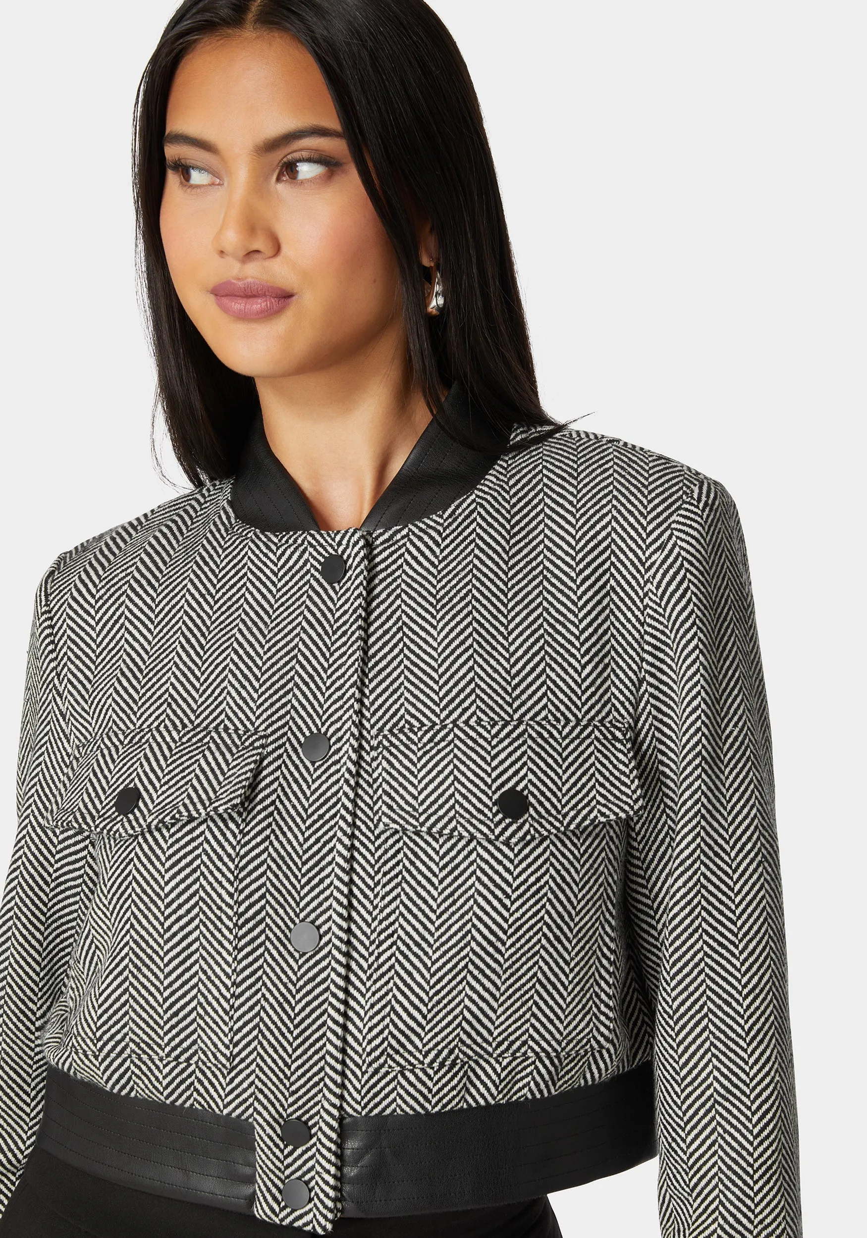 Vegan Leather Detail Novelty Chevron Jacket sold by Bebe product image thumbnail 4
