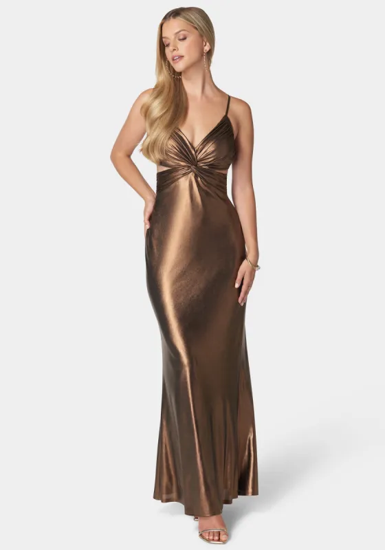 Twist Bodice Metallic Gown sold by Bebe
