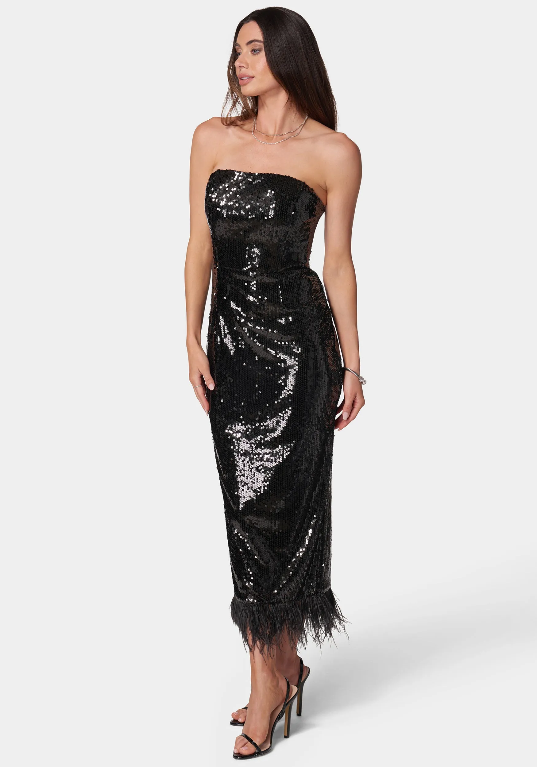 Sequin Strapless Midi Dress With Feather Trim sold by Bebe product image thumbnail 2
