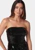 Sequin Strapless Midi Dress With Feather Trim sold by Bebe