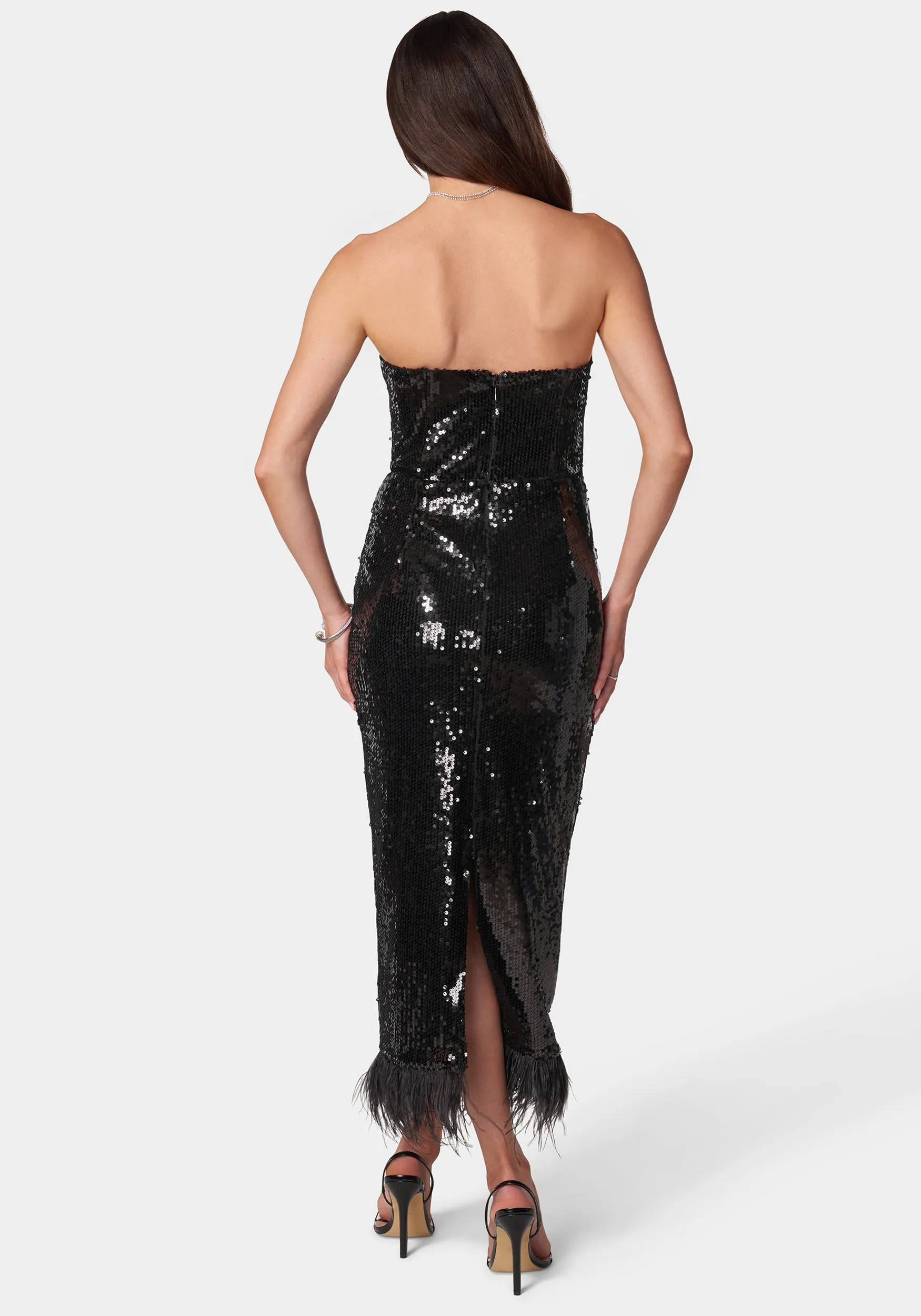 Sequin Strapless Midi Dress With Feather Trim sold by Bebe product image thumbnail 3
