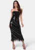 Sequin Strapless Midi Dress With Feather Trim sold by Bebe